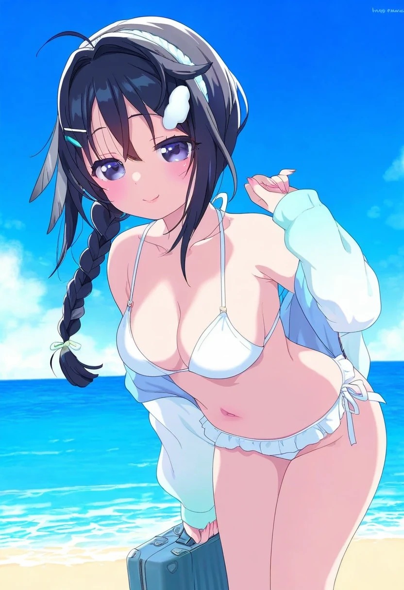 [[piyodera mucha]],henreader,eufoniuz, - 1girl,la pluma \(summer flowers\) \(arknights\),arknights,white bikini,outdoors,navel,day,sky,blue sky,beach,suitcase,looking at viewer,ocean,low-tied long hair,leaning forward,standing,holding,frills,hand up,bare shoulders,floating hair,