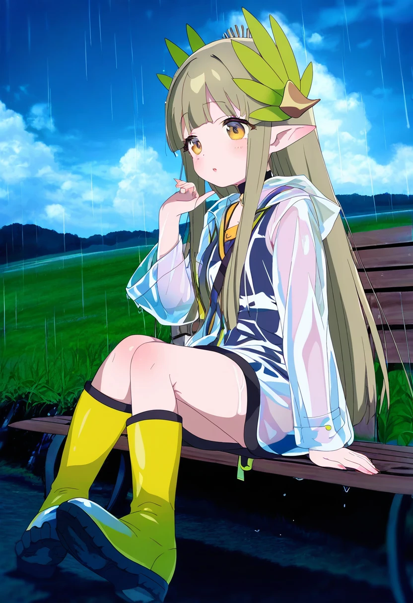 [[piyodera mucha]],henreader,eufoniuz, - 1girl,muelsyse \(arknights\),arknights,cloudy sky,grass,on bench,outdoors,rain,road,yellow rubber boots,see-through coat,sitting,transparent raincoat,water drop,