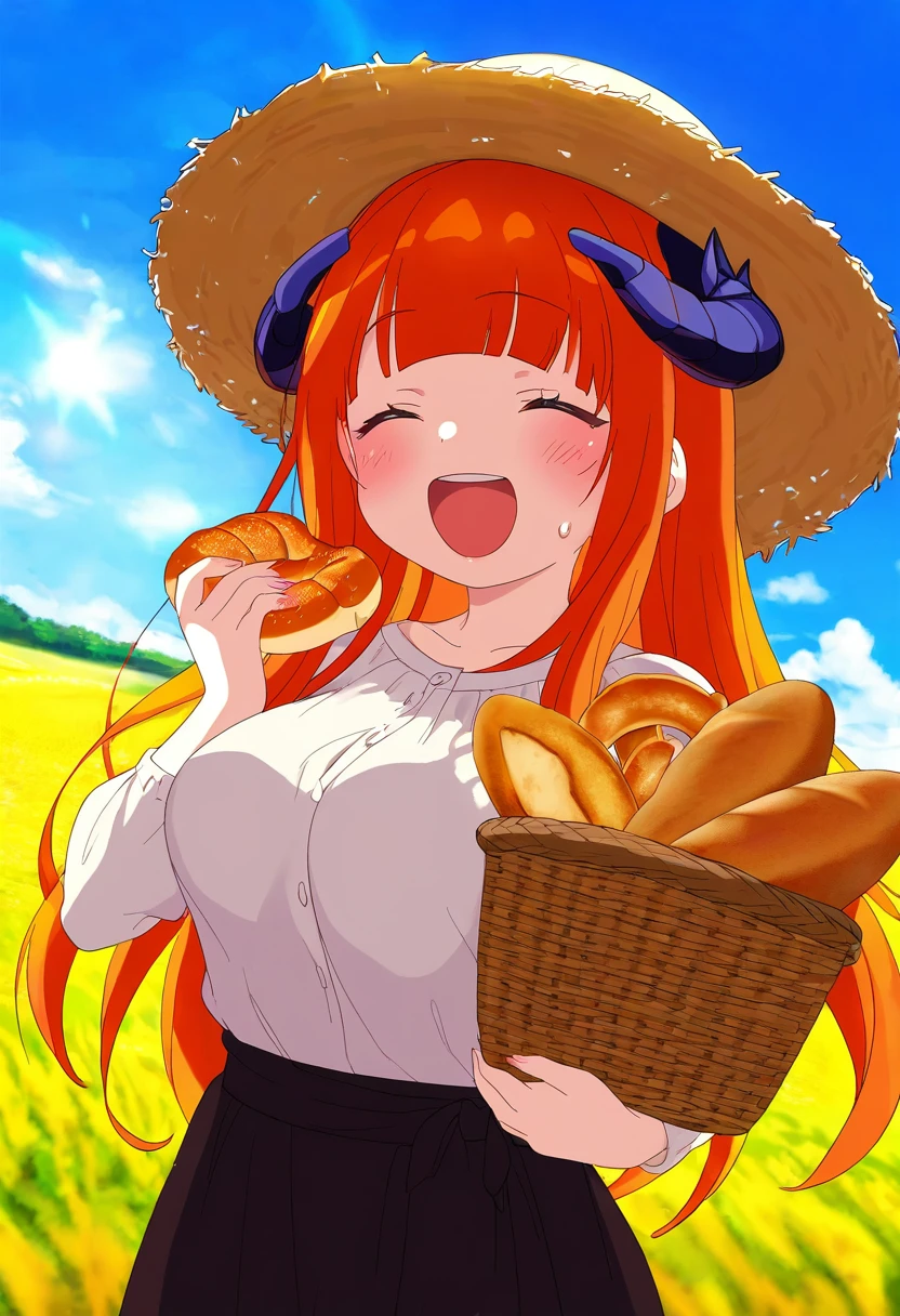 [[piyodera mucha]],henreader,eufoniuz, - 1girl,bagpipe \(arknights\),arknights,baguette,blush,bread,croissant,holding basket,pretzel,upper body,straw hat,field,sky,laughing,sweat,sunlight,