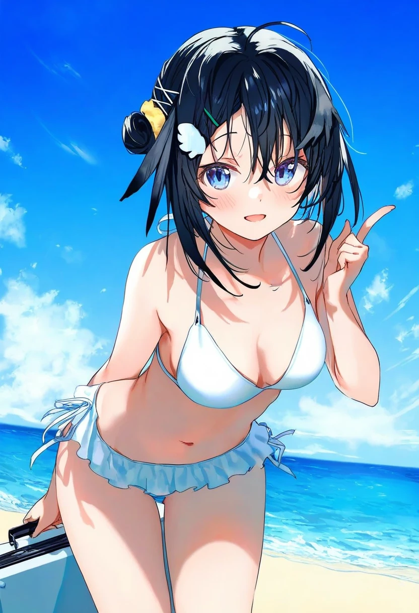 kazutake hazano,ningen mame,[kedama milk],[[wlop]],[[As109]],[[mika pikazo]], - 1girl,la pluma \(summer flowers\) \(arknights\),arknights,white bikini,outdoors,navel,day,sky,blue sky,beach,suitcase,looking at viewer,ocean,low-tied long hair,leaning forward,standing,holding,frills,hand up,bare shoulders,floating hair,