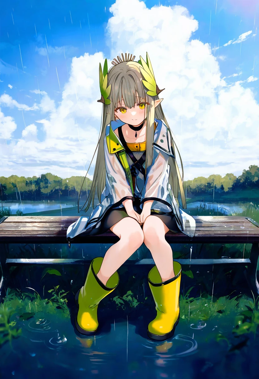 kazutake hazano,ningen mame,[kedama milk],[[wlop]],[[As109]],[[mika pikazo]], - 1girl,muelsyse \(arknights\),arknights,cloudy sky,grass,on bench,outdoors,rain,road,yellow rubber boots,see-through coat,sitting,transparent raincoat,water drop,