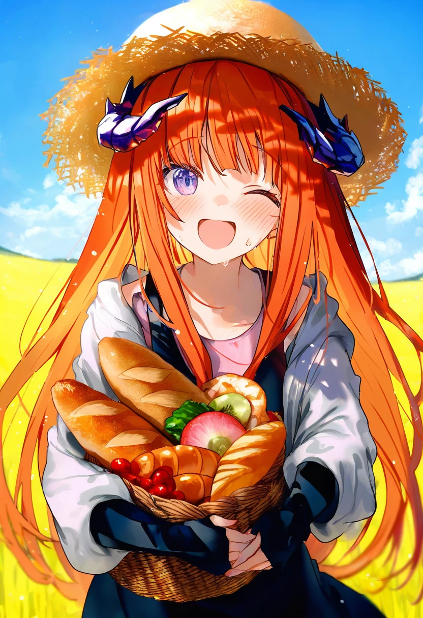 kazutake hazano,ningen mame,[kedama milk],[[wlop]],[[As109]],[[mika pikazo]], - 1girl,bagpipe \(arknights\),arknights,baguette,blush,bread,croissant,holding basket,pretzel,upper body,straw hat,field,sky,laughing,sweat,sunlight,