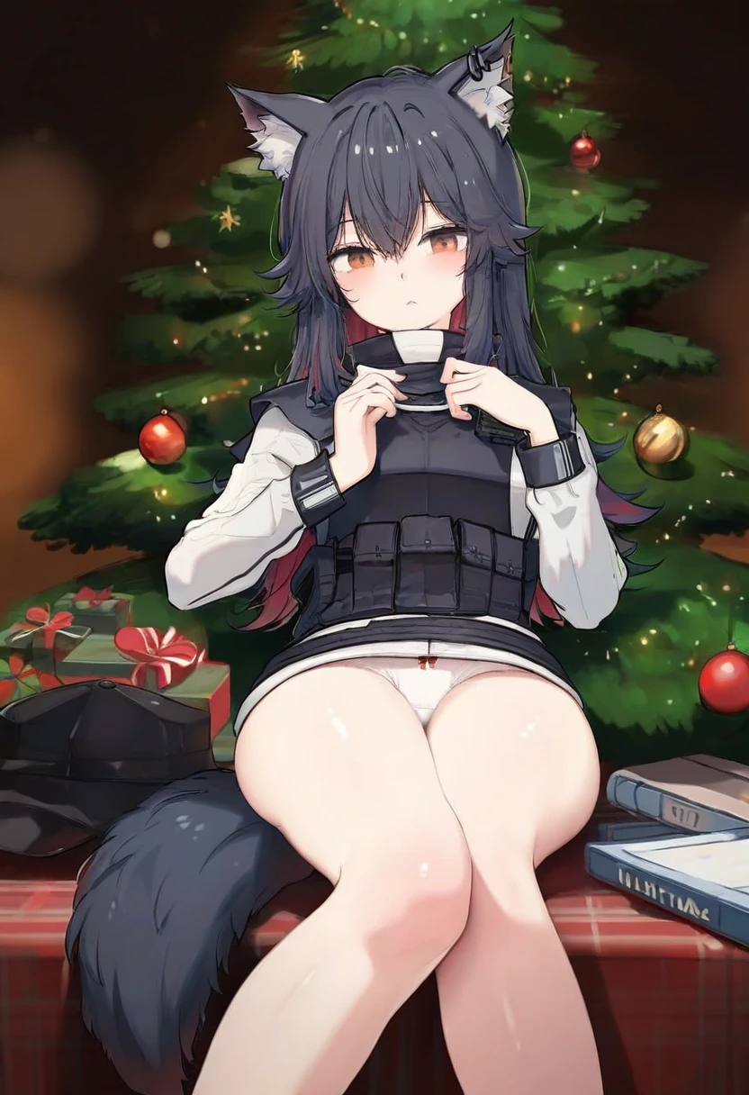 (tokkyu,beni shake),[ciloranko,gweda,mignon,binggong asylum,happoubi jin], - 1girl,texas \(arknights\),arknights,underwear,tactical vest,christmas tree,christmas ornaments,