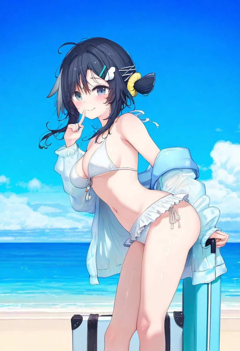 (tokkyu,beni shake),[ciloranko,gweda,mignon,binggong asylum,happoubi jin], - 1girl,la pluma \(summer flowers\) \(arknights\),arknights,white bikini,outdoors,navel,day,sky,blue sky,beach,suitcase,looking at viewer,ocean,low-tied long hair,leaning forward,standing,holding,frills,hand up,bare shoulders,floating hair,