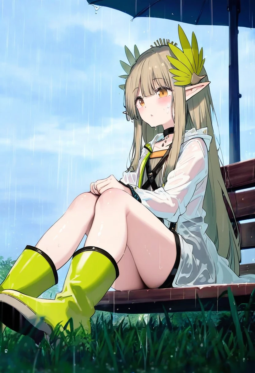 (tokkyu,beni shake),[ciloranko,gweda,mignon,binggong asylum,happoubi jin], - 1girl,muelsyse \(arknights\),arknights,cloudy sky,grass,on bench,outdoors,rain,road,yellow rubber boots,see-through coat,sitting,transparent raincoat,water drop,