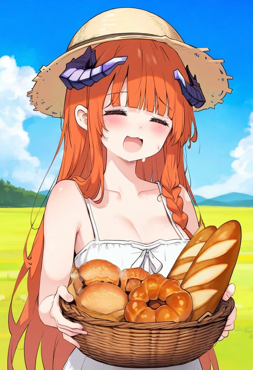 (tokkyu,beni shake),[ciloranko,gweda,mignon,binggong asylum,happoubi jin], - 1girl,bagpipe \(arknights\),arknights,baguette,blush,bread,croissant,holding basket,pretzel,upper body,straw hat,field,sky,laughing,sweat,sunlight,