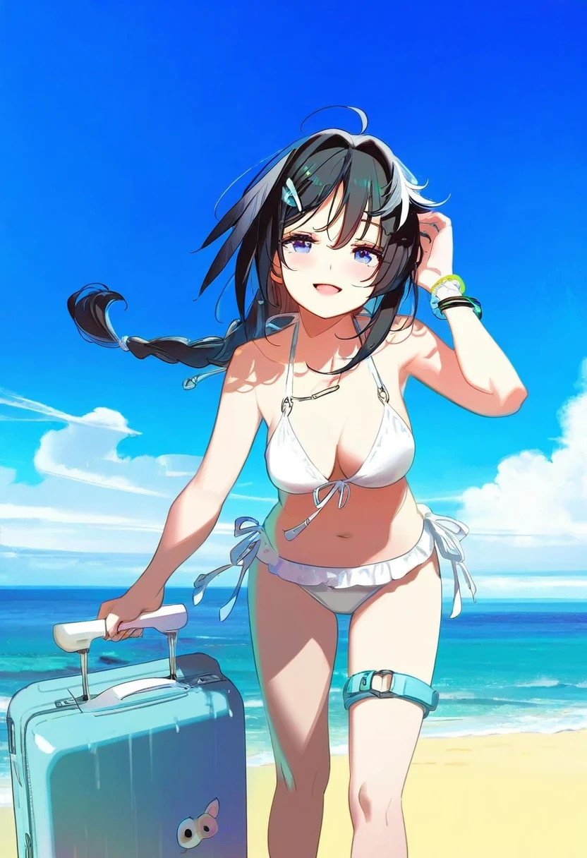 kukka,ryou\(ryoutarou\),((kyockcho,alphonse\(white datura\),miyase mahiro,milk panda)),ask\(askzy\), - 1girl,la pluma \(summer flowers\) \(arknights\),arknights,white bikini,outdoors,navel,day,sky,blue sky,beach,suitcase,looking at viewer,ocean,low-tied long hair,leaning forward,standing,holding,frills,hand up,bare shoulders,floating hair,
