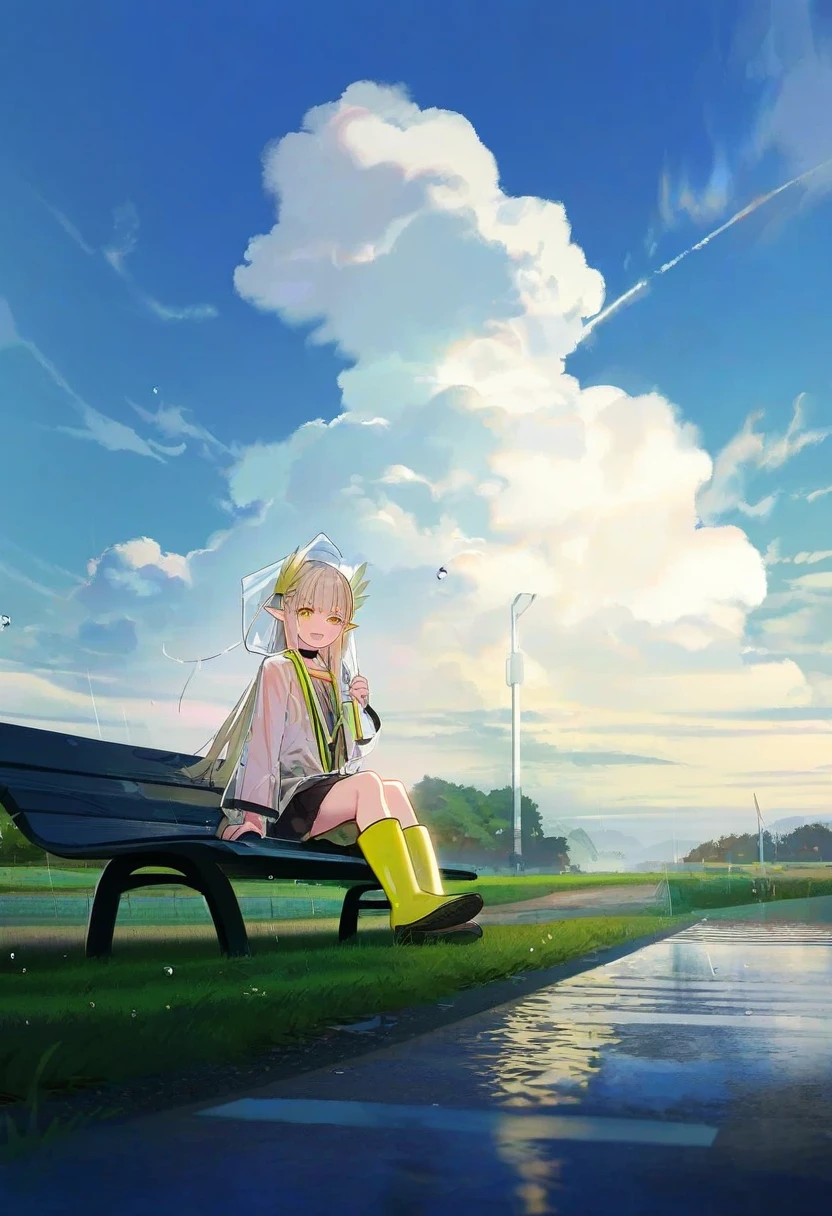 kukka,ryou\(ryoutarou\),((kyockcho,alphonse\(white datura\),miyase mahiro,milk panda)),ask\(askzy\), - 1girl,muelsyse \(arknights\),arknights,cloudy sky,grass,on bench,outdoors,rain,road,yellow rubber boots,see-through coat,sitting,transparent raincoat,water drop,