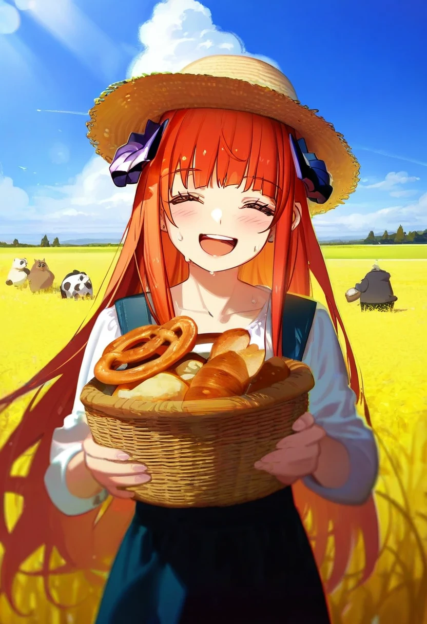 kukka,ryou\(ryoutarou\),((kyockcho,alphonse\(white datura\),miyase mahiro,milk panda)),ask\(askzy\), - 1girl,bagpipe \(arknights\),arknights,baguette,blush,bread,croissant,holding basket,pretzel,upper body,straw hat,field,sky,laughing,sweat,sunlight,