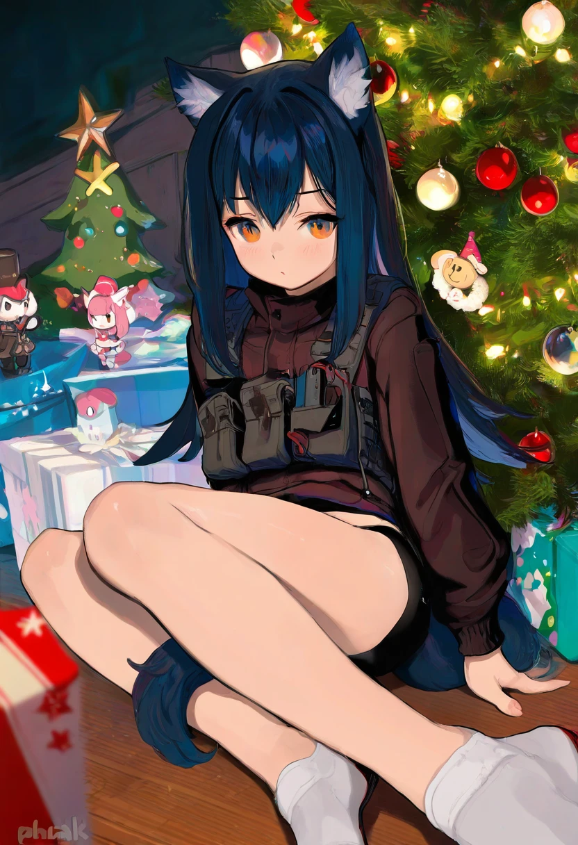 mamimi\(mamamimi\),blade \(galaxist\),((fuzichoco,butterchalk,yoshinari you,mika pikazo)), - 1girl,texas \(arknights\),arknights,underwear,tactical vest,christmas tree,christmas ornaments,