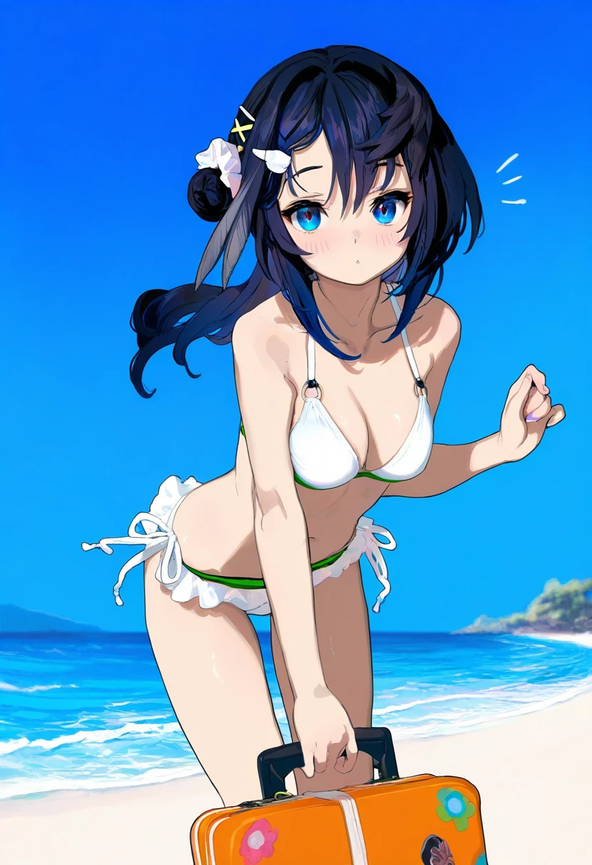 mamimi\(mamamimi\),blade \(galaxist\),((fuzichoco,butterchalk,yoshinari you,mika pikazo)), - 1girl,la pluma \(summer flowers\) \(arknights\),arknights,white bikini,outdoors,navel,day,sky,blue sky,beach,suitcase,looking at viewer,ocean,low-tied long hair,leaning forward,standing,holding,frills,hand up,bare shoulders,floating hair,