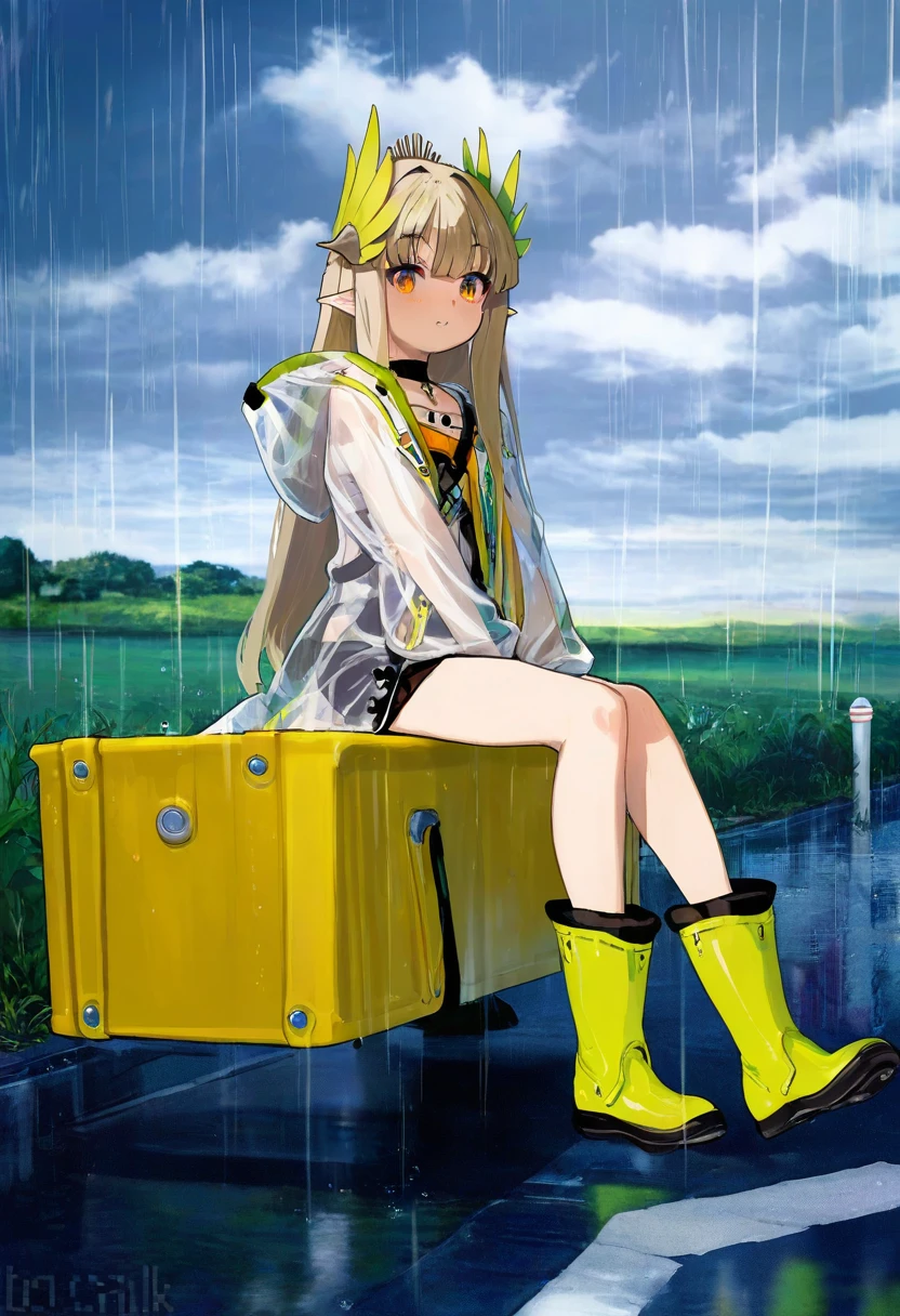 mamimi\(mamamimi\),blade \(galaxist\),((fuzichoco,butterchalk,yoshinari you,mika pikazo)), - 1girl,muelsyse \(arknights\),arknights,cloudy sky,grass,on bench,outdoors,rain,road,yellow rubber boots,see-through coat,sitting,transparent raincoat,water drop,