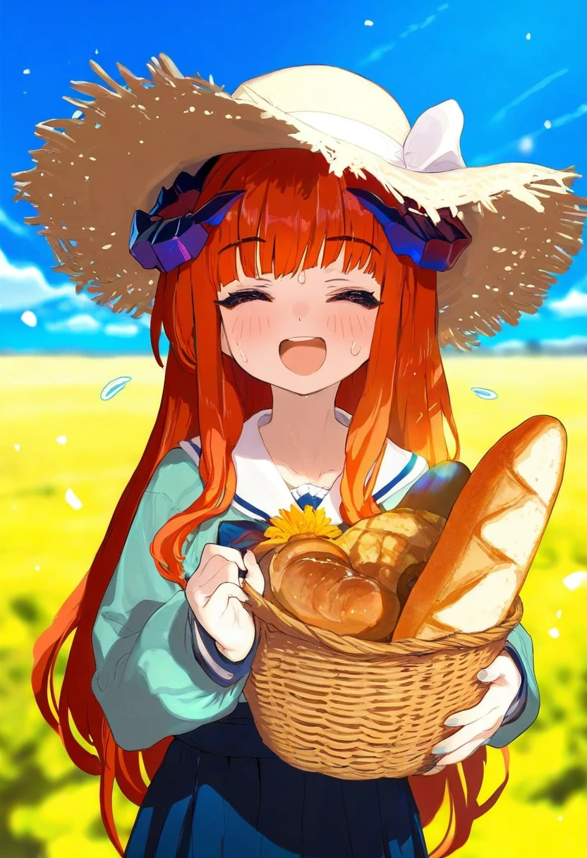 mamimi\(mamamimi\),blade \(galaxist\),((fuzichoco,butterchalk,yoshinari you,mika pikazo)), - 1girl,bagpipe \(arknights\),arknights,baguette,blush,bread,croissant,holding basket,pretzel,upper body,straw hat,field,sky,laughing,sweat,sunlight,