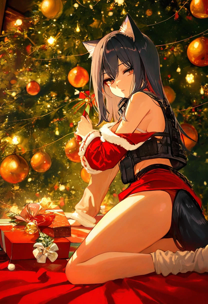((yago8 pp3,rella)),ciloranko,sheya,ishiyumi,fkey,tokkyu,infukun, - 1girl,texas \(arknights\),arknights,underwear,tactical vest,christmas tree,christmas ornaments,