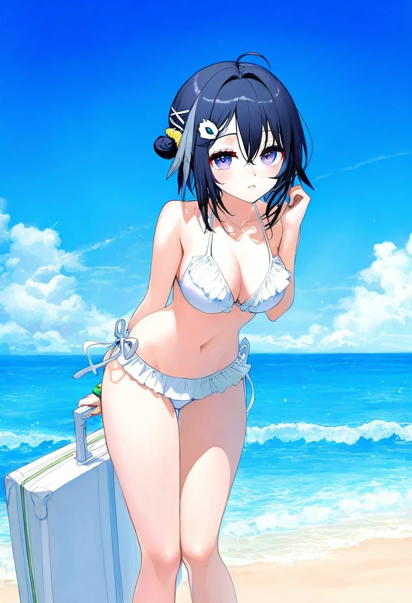 ((yago8 pp3,rella)),ciloranko,sheya,ishiyumi,fkey,tokkyu,infukun, - 1girl,la pluma \(summer flowers\) \(arknights\),arknights,white bikini,outdoors,navel,day,sky,blue sky,beach,suitcase,looking at viewer,ocean,low-tied long hair,leaning forward,standing,holding,frills,hand up,bare shoulders,floating hair,