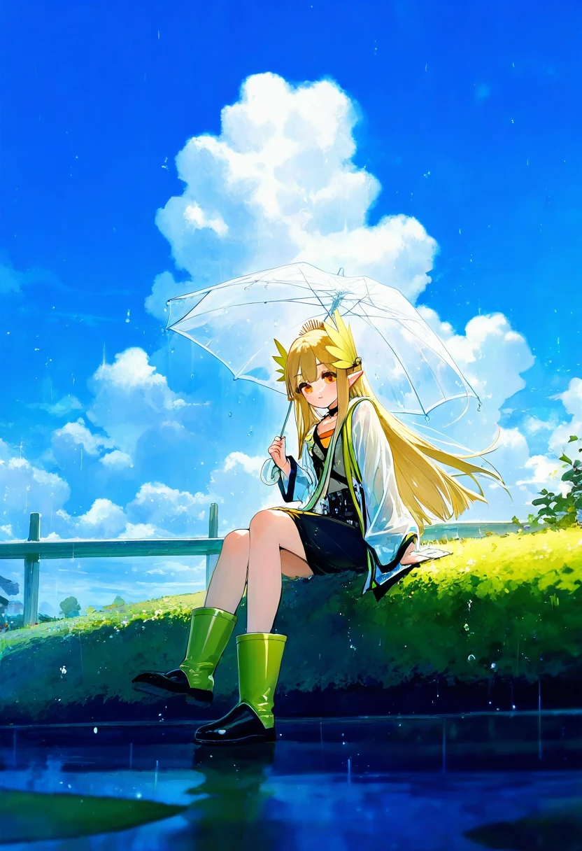((yago8 pp3,rella)),ciloranko,sheya,ishiyumi,fkey,tokkyu,infukun, - 1girl,muelsyse \(arknights\),arknights,cloudy sky,grass,on bench,outdoors,rain,road,yellow rubber boots,see-through coat,sitting,transparent raincoat,water drop,