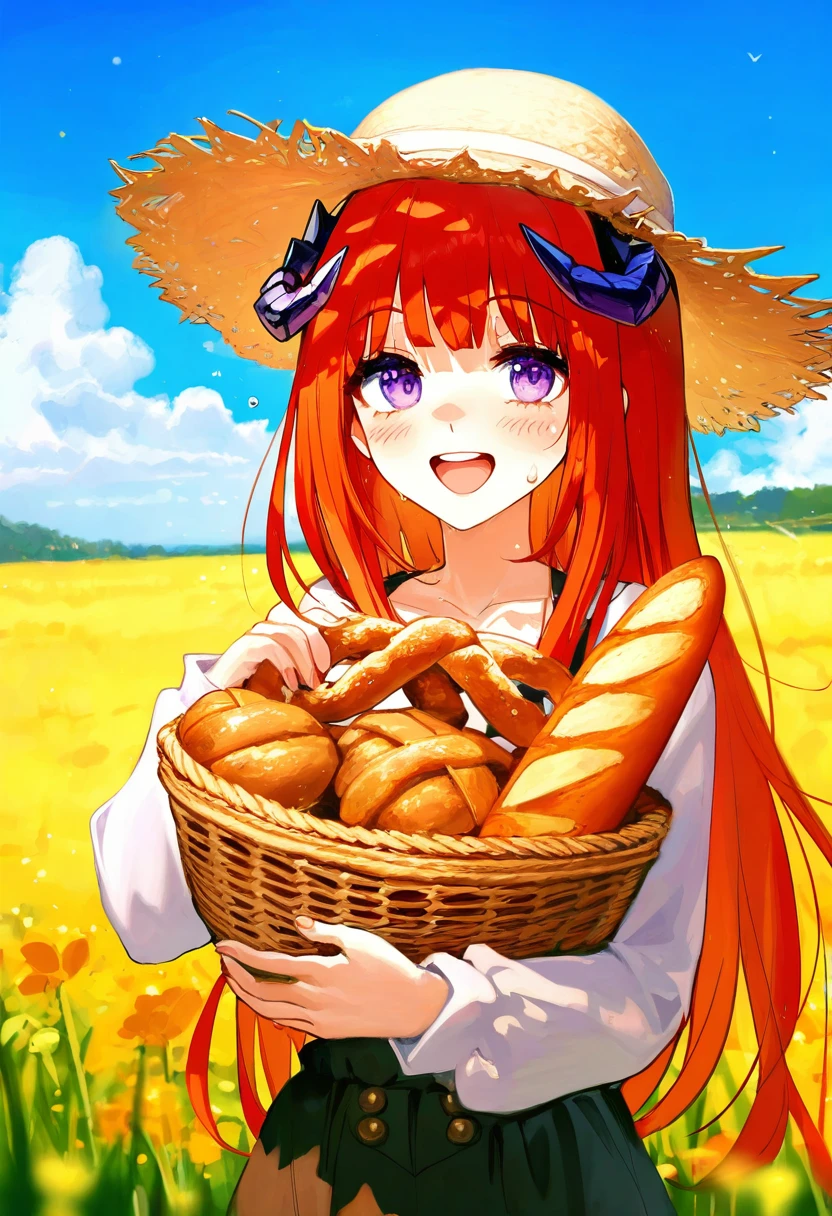 ((yago8 pp3,rella)),ciloranko,sheya,ishiyumi,fkey,tokkyu,infukun, - 1girl,bagpipe \(arknights\),arknights,baguette,blush,bread,croissant,holding basket,pretzel,upper body,straw hat,field,sky,laughing,sweat,sunlight,