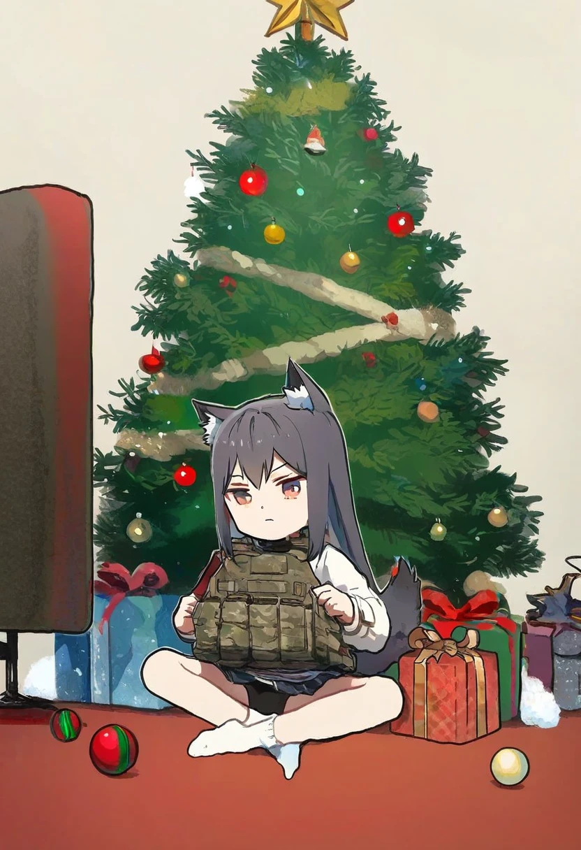 (alphonse\(white datura\),ningen mame,xinzoruo,anmi,demizu posuka),[ikeuchi tanuma], - 1girl,texas \(arknights\),arknights,underwear,tactical vest,christmas tree,christmas ornaments,