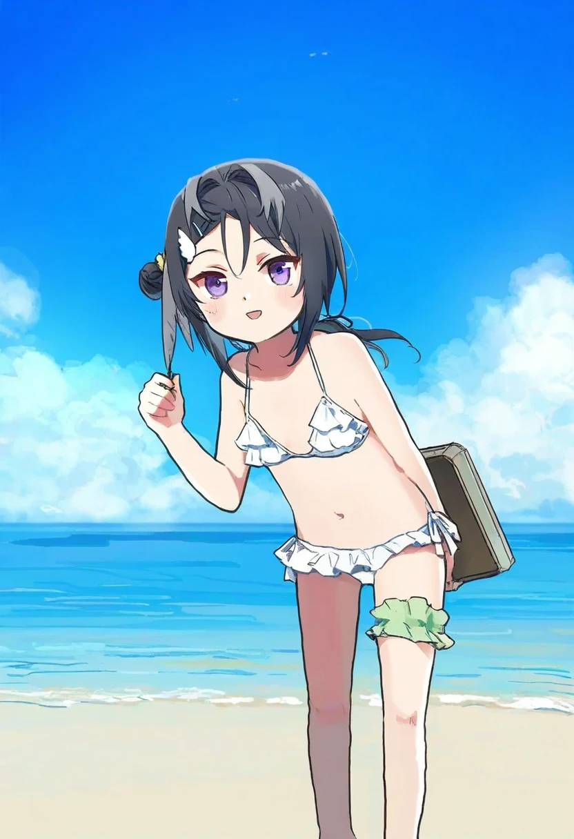 (alphonse\(white datura\),ningen mame,xinzoruo,anmi,demizu posuka),[ikeuchi tanuma], - 1girl,la pluma \(summer flowers\) \(arknights\),arknights,white bikini,outdoors,navel,day,sky,blue sky,beach,suitcase,looking at viewer,ocean,low-tied long hair,leaning forward,standing,holding,frills,hand up,bare shoulders,floating hair,