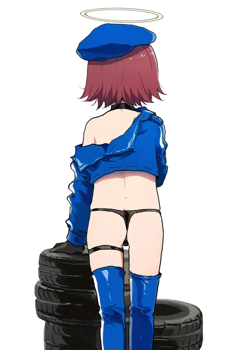 (alphonse\(white datura\),ningen mame,xinzoruo,anmi,demizu posuka),[ikeuchi tanuma], - 1girl,exusiai \(arknights\),arknights,black gloves,black panties,blue thigh boots,blue hat,blue jacket,long sleeves,race queen,thigh strap,thong,single bare shoulder,skindentation,tire,