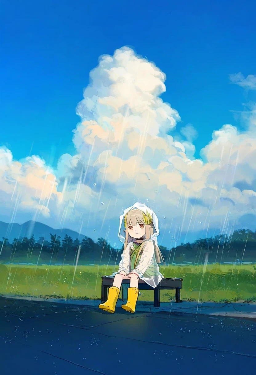 (alphonse\(white datura\),ningen mame,xinzoruo,anmi,demizu posuka),[ikeuchi tanuma], - 1girl,muelsyse \(arknights\),arknights,cloudy sky,grass,on bench,outdoors,rain,road,yellow rubber boots,see-through coat,sitting,transparent raincoat,water drop,