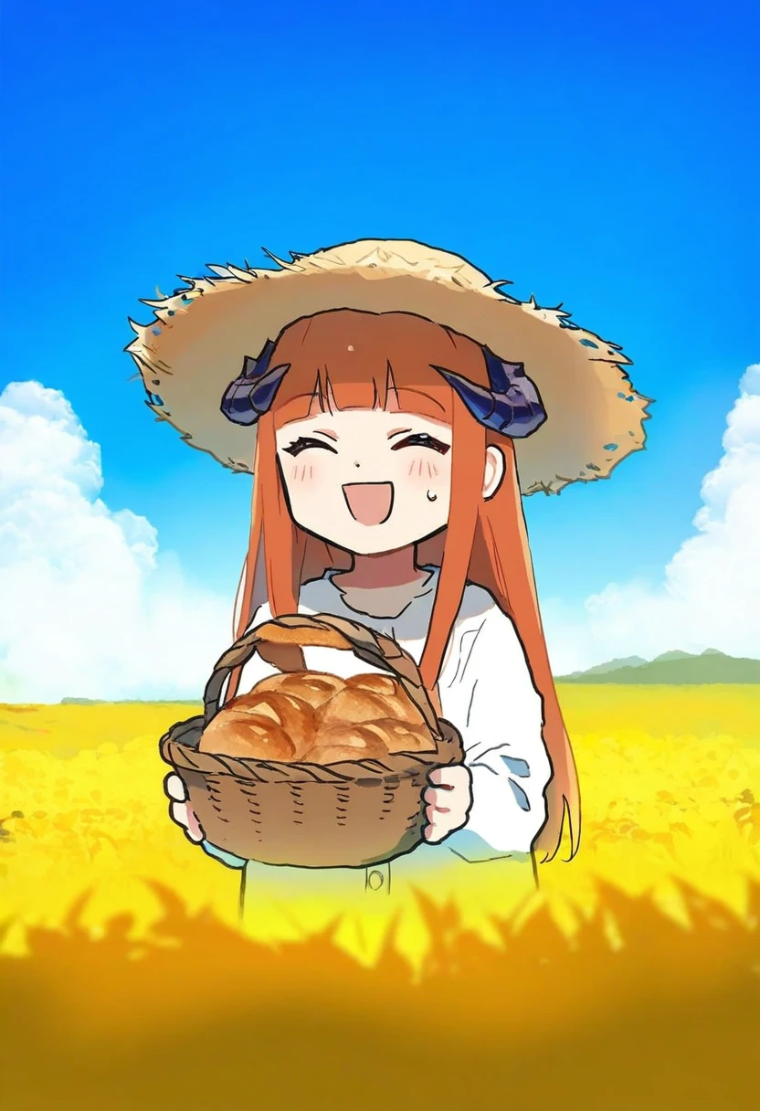 (alphonse\(white datura\),ningen mame,xinzoruo,anmi,demizu posuka),[ikeuchi tanuma], - 1girl,bagpipe \(arknights\),arknights,baguette,blush,bread,croissant,holding basket,pretzel,upper body,straw hat,field,sky,laughing,sweat,sunlight,