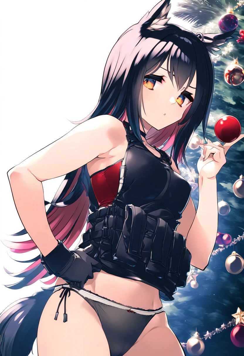(amazuyu tatsuki,hoji\(hooooooooji1029\),ishiyumi), - 1girl,texas \(arknights\),arknights,underwear,tactical vest,christmas tree,christmas ornaments,