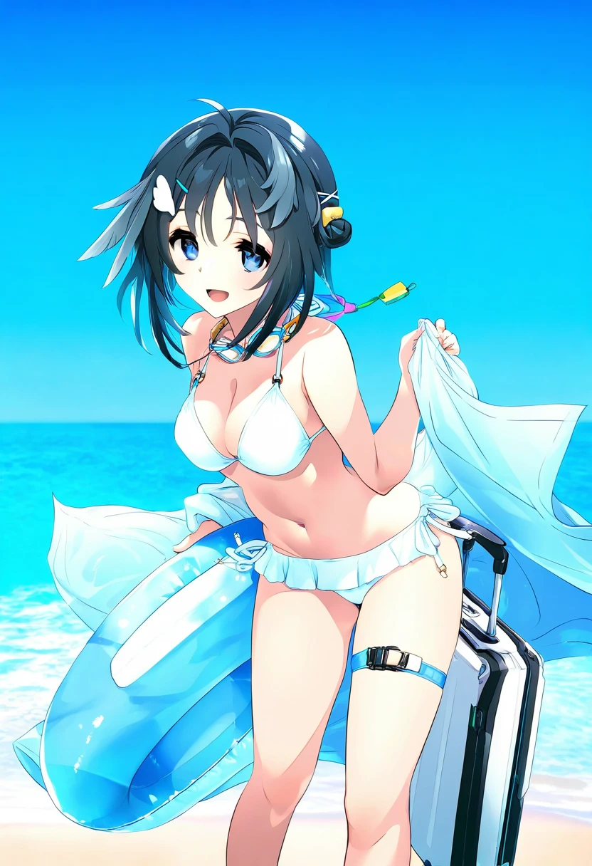 (amazuyu tatsuki,hoji\(hooooooooji1029\),ishiyumi), - 1girl,la pluma \(summer flowers\) \(arknights\),arknights,white bikini,outdoors,navel,day,sky,blue sky,beach,suitcase,looking at viewer,ocean,low-tied long hair,leaning forward,standing,holding,frills,hand up,bare shoulders,floating hair,