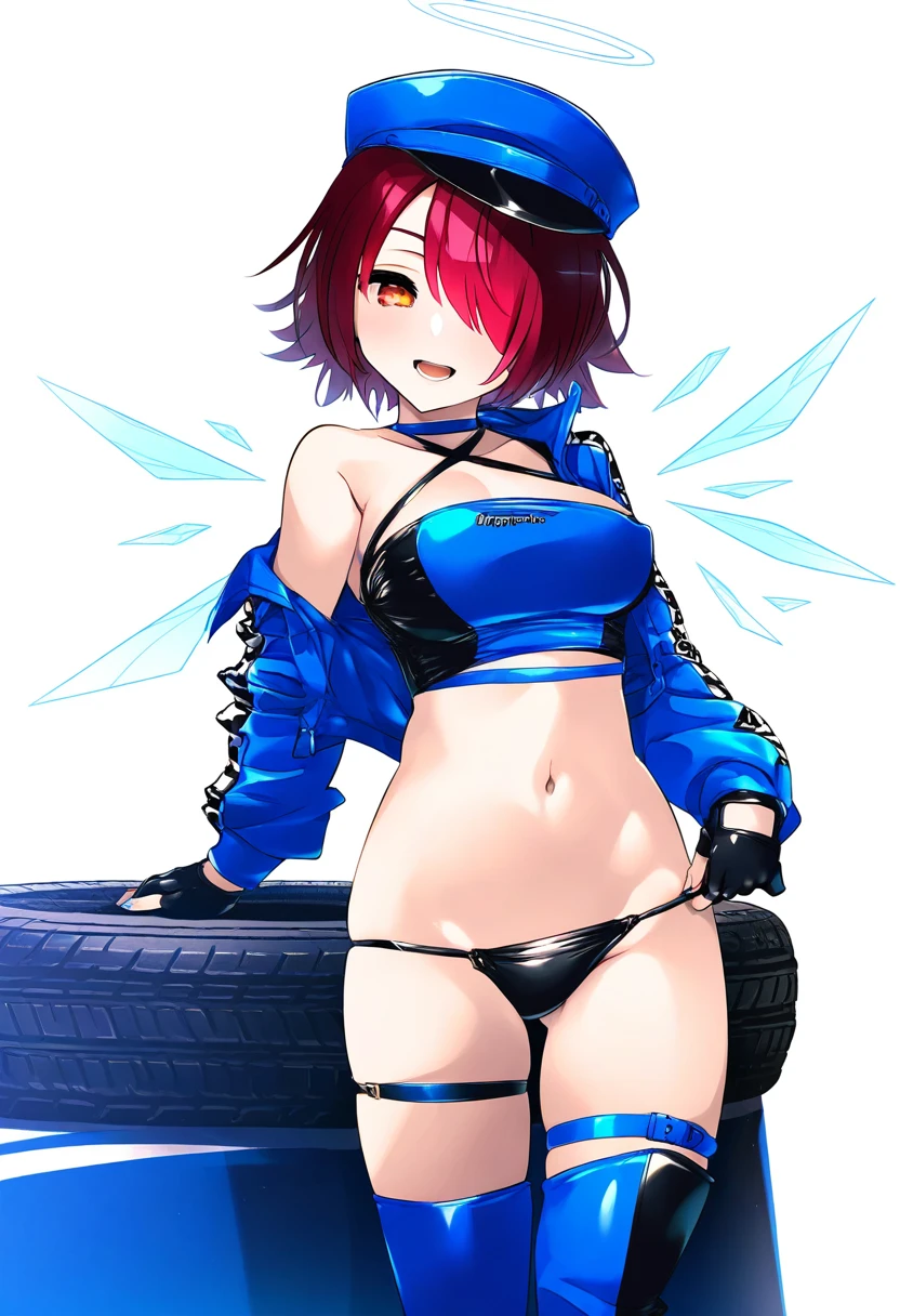 (amazuyu tatsuki,hoji\(hooooooooji1029\),ishiyumi), - 1girl,exusiai \(arknights\),arknights,black gloves,black panties,blue thigh boots,blue hat,blue jacket,long sleeves,race queen,thigh strap,thong,single bare shoulder,skindentation,tire,