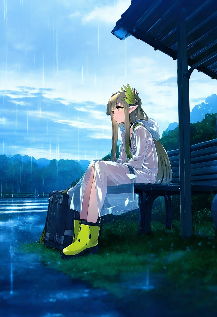 (amazuyu tatsuki,hoji\(hooooooooji1029\),ishiyumi), - 1girl,muelsyse \(arknights\),arknights,cloudy sky,grass,on bench,outdoors,rain,road,yellow rubber boots,see-through coat,sitting,transparent raincoat,water drop,