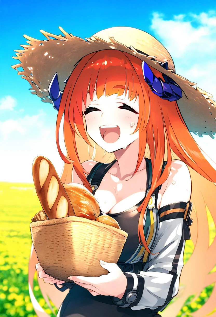 (amazuyu tatsuki,hoji\(hooooooooji1029\),ishiyumi), - 1girl,bagpipe \(arknights\),arknights,baguette,blush,bread,croissant,holding basket,pretzel,upper body,straw hat,field,sky,laughing,sweat,sunlight,