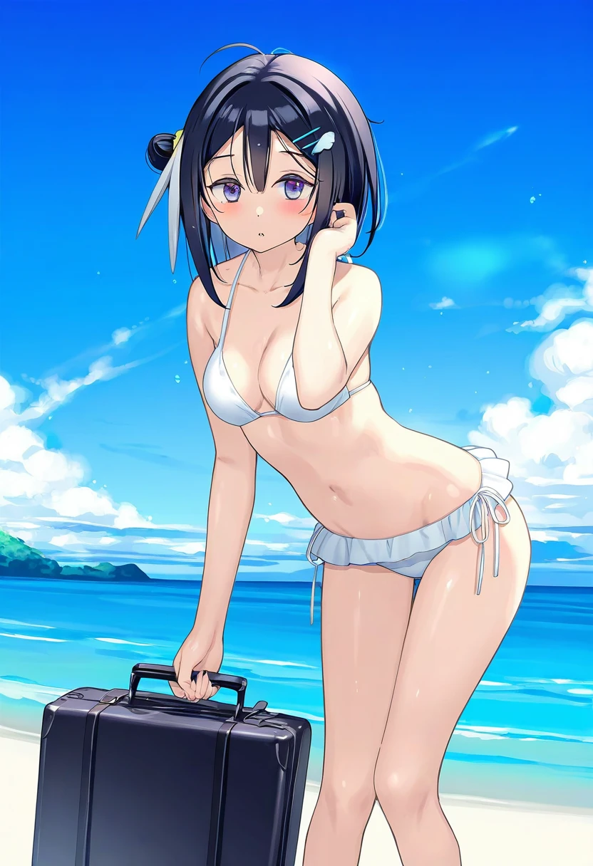 (tidsean,kantoku,poco\(asahi age\),yago8 pp3,ningen mame), - 1girl,la pluma \(summer flowers\) \(arknights\),arknights,white bikini,outdoors,navel,day,sky,blue sky,beach,suitcase,looking at viewer,ocean,low-tied long hair,leaning forward,standing,holding,frills,hand up,bare shoulders,floating hair,