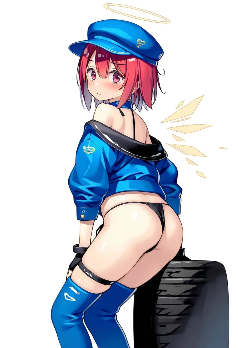 (tidsean,kantoku,poco\(asahi age\),yago8 pp3,ningen mame), - 1girl,exusiai \(arknights\),arknights,black gloves,black panties,blue thigh boots,blue hat,blue jacket,long sleeves,race queen,thigh strap,thong,single bare shoulder,skindentation,tire,