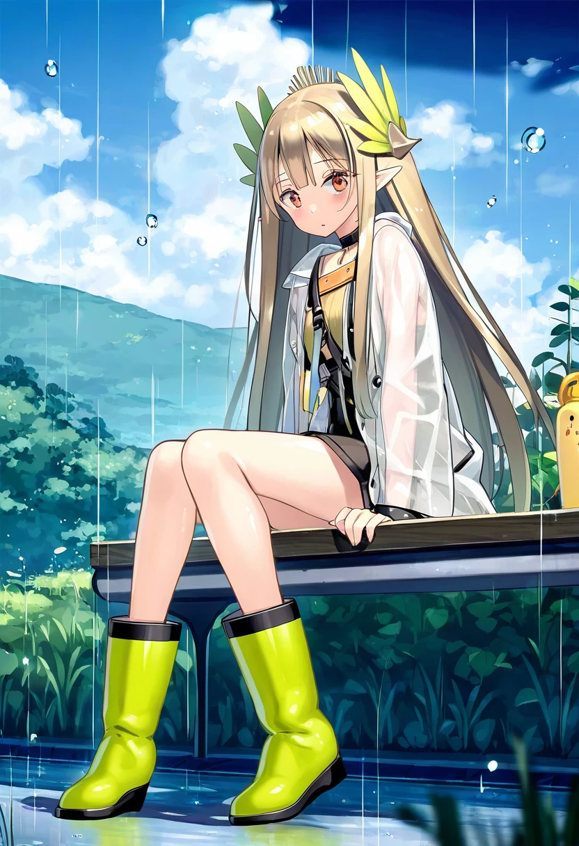 (tidsean,kantoku,poco\(asahi age\),yago8 pp3,ningen mame), - 1girl,muelsyse \(arknights\),arknights,cloudy sky,grass,on bench,outdoors,rain,road,yellow rubber boots,see-through coat,sitting,transparent raincoat,water drop,