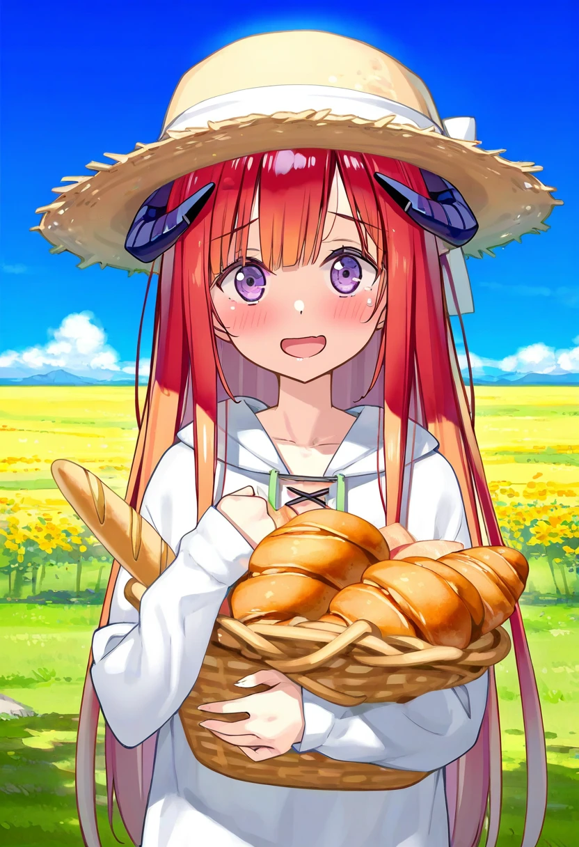 (tidsean,kantoku,poco\(asahi age\),yago8 pp3,ningen mame), - 1girl,bagpipe \(arknights\),arknights,baguette,blush,bread,croissant,holding basket,pretzel,upper body,straw hat,field,sky,laughing,sweat,sunlight,