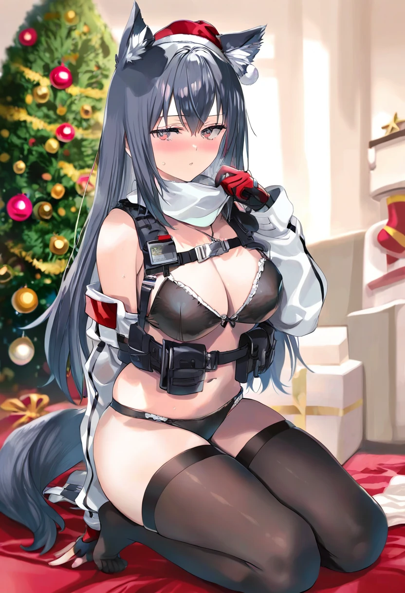 (musashi\(detks\),tomose shunsaku,momoko\(momopoco\),ishiyumi), - 1girl,texas \(arknights\),arknights,underwear,tactical vest,christmas tree,christmas ornaments,
