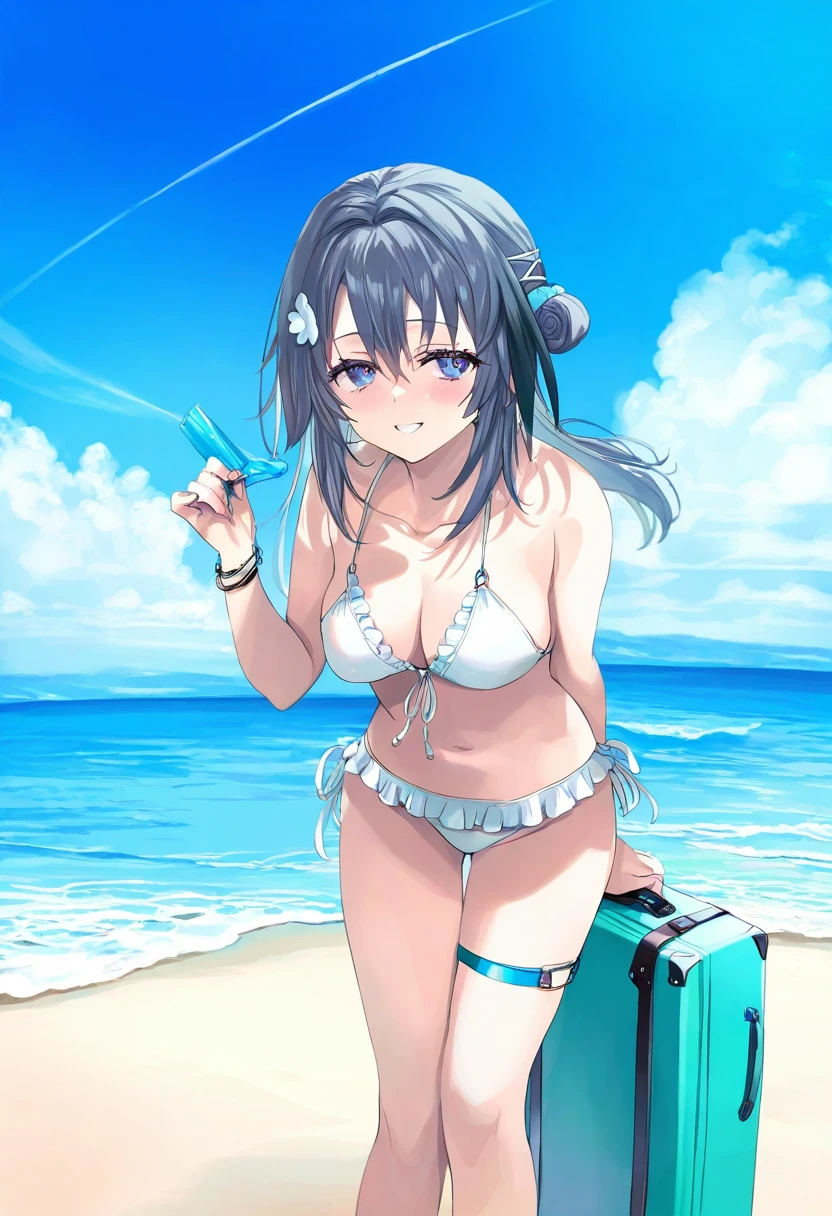(musashi\(detks\),tomose shunsaku,momoko\(momopoco\),ishiyumi), - 1girl,la pluma \(summer flowers\) \(arknights\),arknights,white bikini,outdoors,navel,day,sky,blue sky,beach,suitcase,looking at viewer,ocean,low-tied long hair,leaning forward,standing,holding,frills,hand up,bare shoulders,floating hair,