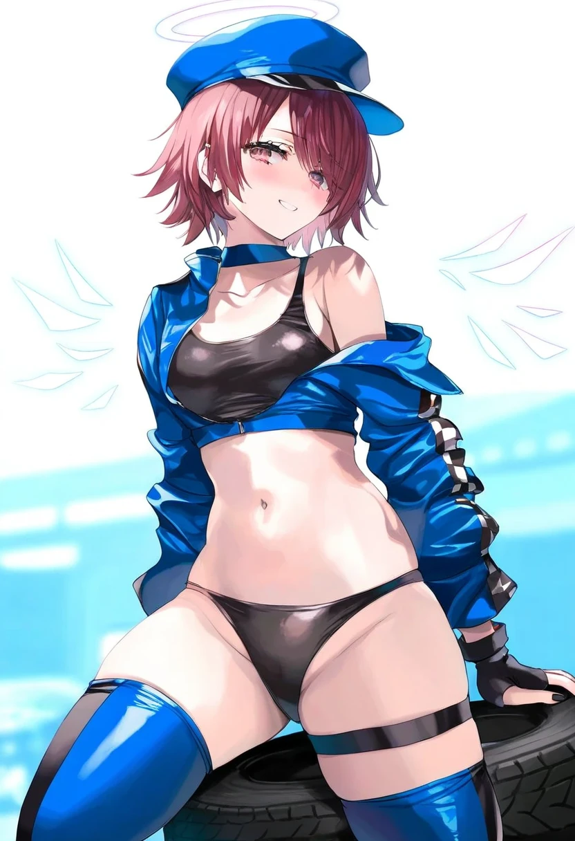 (musashi\(detks\),tomose shunsaku,momoko\(momopoco\),ishiyumi), - 1girl,exusiai \(arknights\),arknights,black gloves,black panties,blue thigh boots,blue hat,blue jacket,long sleeves,race queen,thigh strap,thong,single bare shoulder,skindentation,tire,
