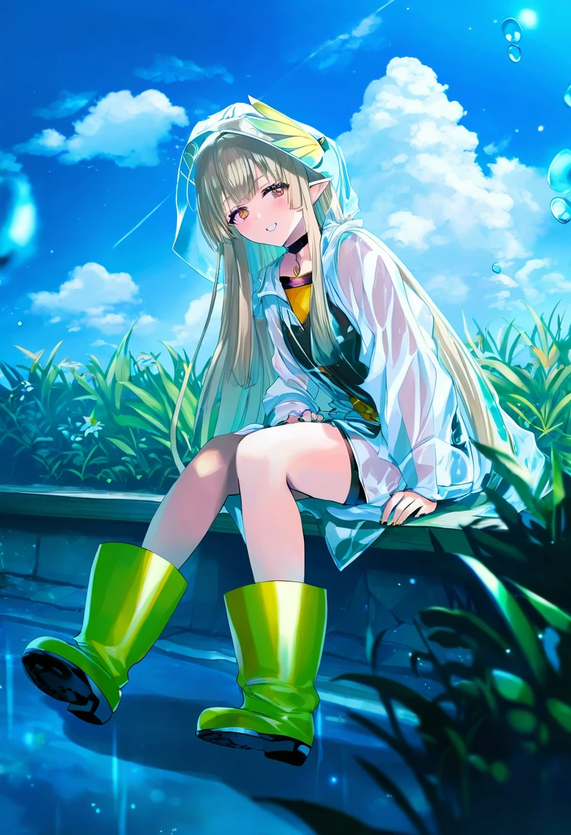 (musashi\(detks\),tomose shunsaku,momoko\(momopoco\),ishiyumi), - 1girl,muelsyse \(arknights\),arknights,cloudy sky,grass,on bench,outdoors,rain,road,yellow rubber boots,see-through coat,sitting,transparent raincoat,water drop,