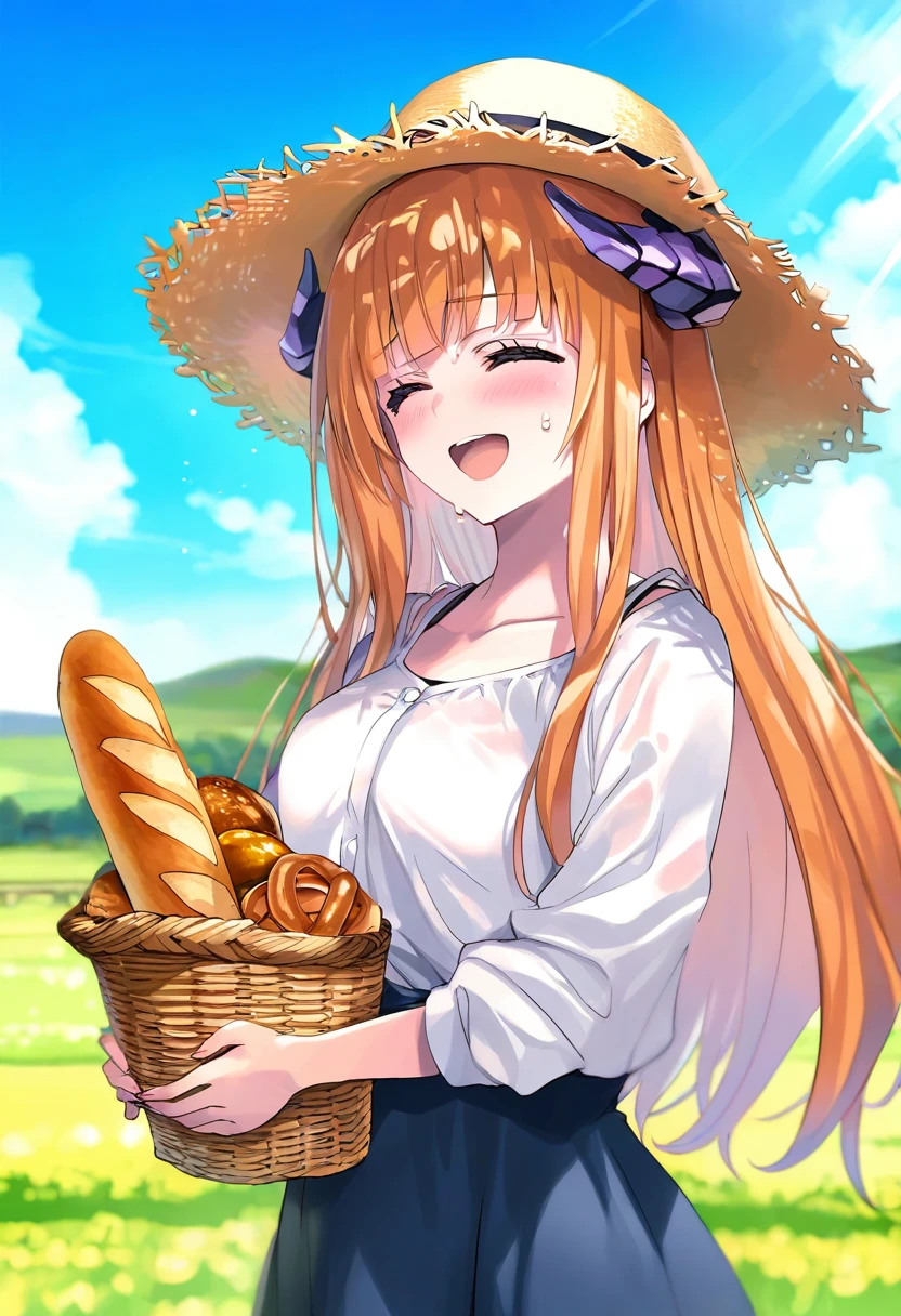 (musashi\(detks\),tomose shunsaku,momoko\(momopoco\),ishiyumi), - 1girl,bagpipe \(arknights\),arknights,baguette,blush,bread,croissant,holding basket,pretzel,upper body,straw hat,field,sky,laughing,sweat,sunlight,