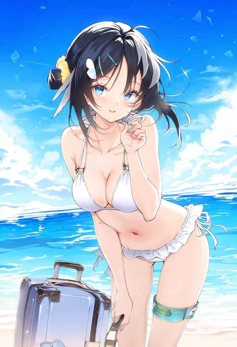 (hoji\(hooooooooji1029\),kedama milk,akizero1510,kinhasu,hisona \(suaritesumi\)), - 1girl,la pluma \(summer flowers\) \(arknights\),arknights,white bikini,outdoors,navel,day,sky,blue sky,beach,suitcase,looking at viewer,ocean,low-tied long hair,leaning forward,standing,holding,frills,hand up,bare shoulders,floating hair,