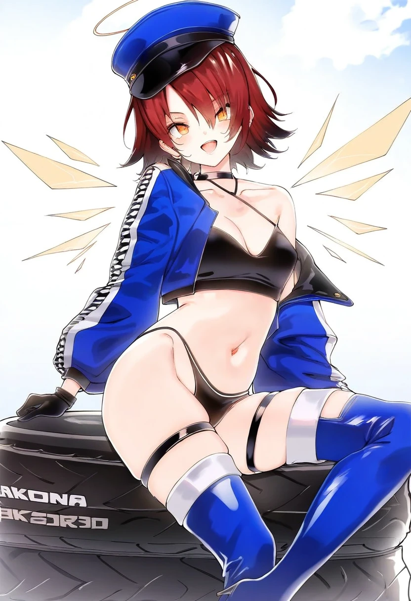 (hoji\(hooooooooji1029\),kedama milk,akizero1510,kinhasu,hisona \(suaritesumi\)), - 1girl,exusiai \(arknights\),arknights,black gloves,black panties,blue thigh boots,blue hat,blue jacket,long sleeves,race queen,thigh strap,thong,single bare shoulder,skindentation,tire,