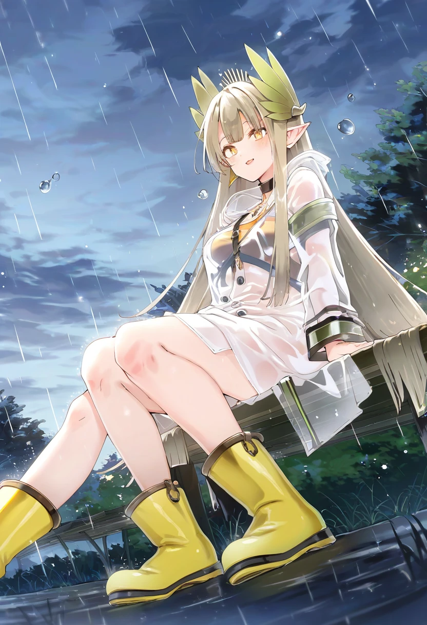(hoji\(hooooooooji1029\),kedama milk,akizero1510,kinhasu,hisona \(suaritesumi\)), - 1girl,muelsyse \(arknights\),arknights,cloudy sky,grass,on bench,outdoors,rain,road,yellow rubber boots,see-through coat,sitting,transparent raincoat,water drop,