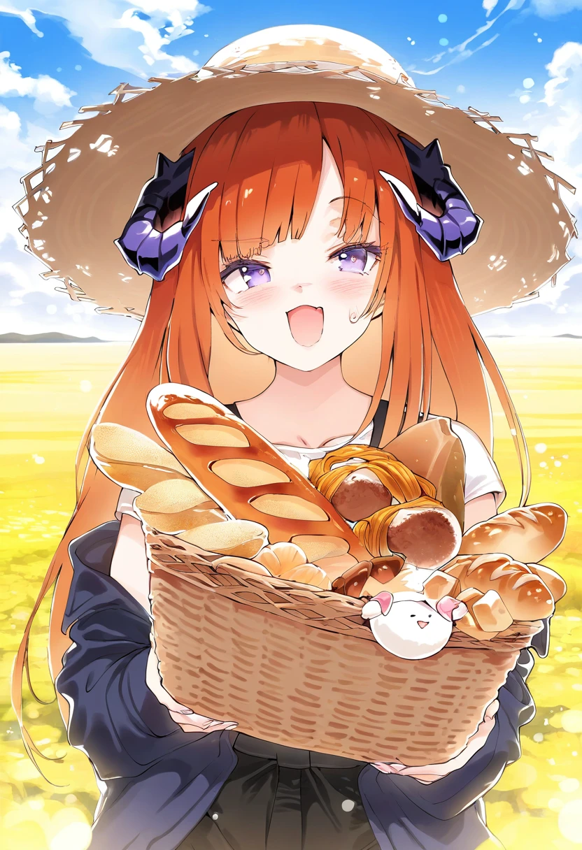 (hoji\(hooooooooji1029\),kedama milk,akizero1510,kinhasu,hisona \(suaritesumi\)), - 1girl,bagpipe \(arknights\),arknights,baguette,blush,bread,croissant,holding basket,pretzel,upper body,straw hat,field,sky,laughing,sweat,sunlight,