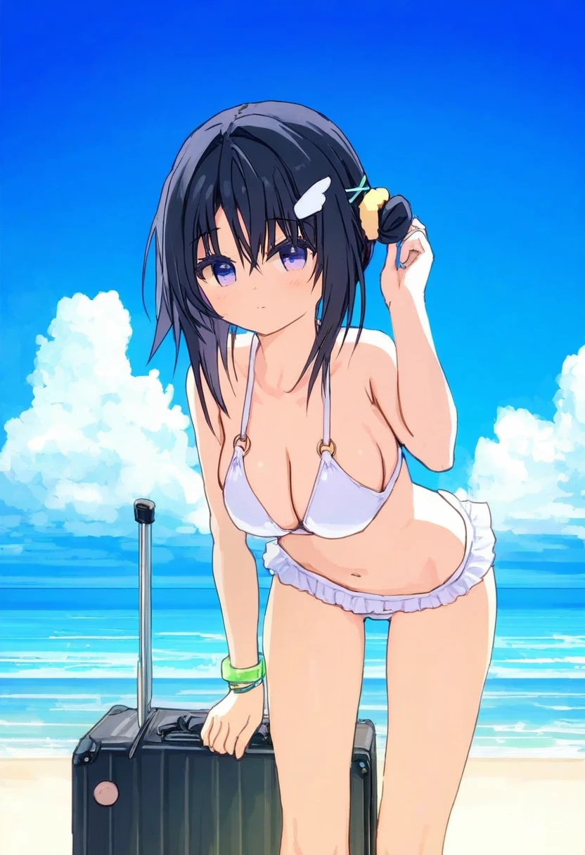 (yuuji \(and\),namie,shion\(mirudakemann\),nanase nao,as109,yuuhagi \(amaretto-no-natsu\)), - 1girl,la pluma \(summer flowers\) \(arknights\),arknights,white bikini,outdoors,navel,day,sky,blue sky,beach,suitcase,looking at viewer,ocean,low-tied long hair,leaning forward,standing,holding,frills,hand up,bare shoulders,floating hair,