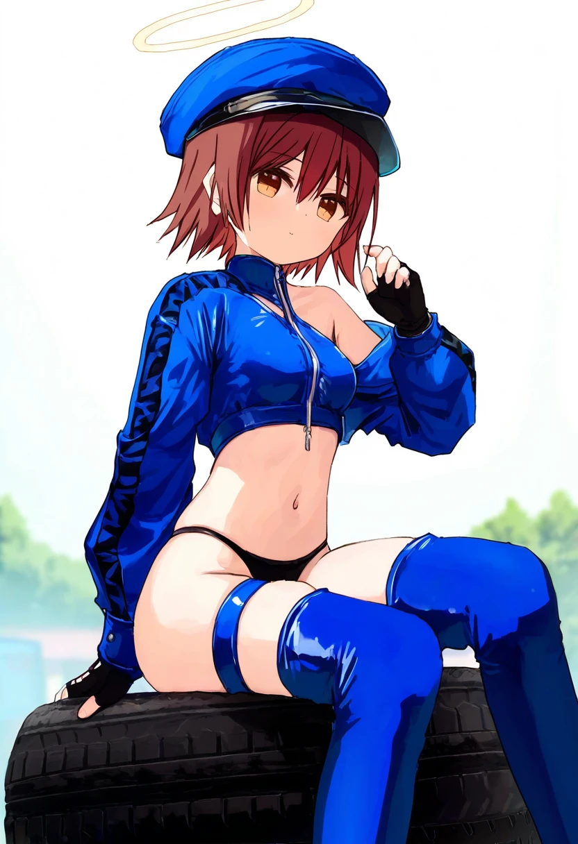 (yuuji \(and\),namie,shion\(mirudakemann\),nanase nao,as109,yuuhagi \(amaretto-no-natsu\)), - 1girl,exusiai \(arknights\),arknights,black gloves,black panties,blue thigh boots,blue hat,blue jacket,long sleeves,race queen,thigh strap,thong,single bare shoulder,skindentation,tire,
