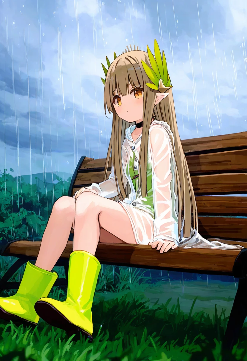 (yuuji \(and\),namie,shion\(mirudakemann\),nanase nao,as109,yuuhagi \(amaretto-no-natsu\)), - 1girl,muelsyse \(arknights\),arknights,cloudy sky,grass,on bench,outdoors,rain,road,yellow rubber boots,see-through coat,sitting,transparent raincoat,water drop,