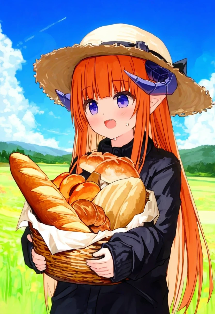 (yuuji \(and\),namie,shion\(mirudakemann\),nanase nao,as109,yuuhagi \(amaretto-no-natsu\)), - 1girl,bagpipe \(arknights\),arknights,baguette,blush,bread,croissant,holding basket,pretzel,upper body,straw hat,field,sky,laughing,sweat,sunlight,
