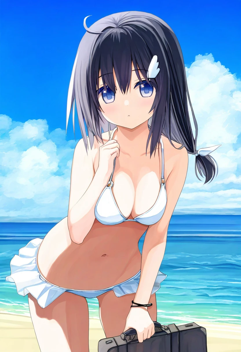 (ishikei,ryou\(ryoutarou\),yuuhagi \(amaretto-no-natsu\),refeia,cierra\(ra-bit\)), - 1girl,la pluma \(summer flowers\) \(arknights\),arknights,white bikini,outdoors,navel,day,sky,blue sky,beach,suitcase,looking at viewer,ocean,low-tied long hair,leaning forward,standing,holding,frills,hand up,bare shoulders,floating hair,