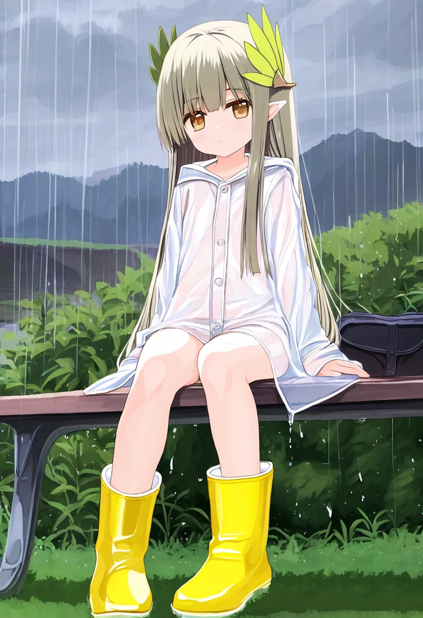 (ishikei,ryou\(ryoutarou\),yuuhagi \(amaretto-no-natsu\),refeia,cierra\(ra-bit\)), - 1girl,muelsyse \(arknights\),arknights,cloudy sky,grass,on bench,outdoors,rain,road,yellow rubber boots,see-through coat,sitting,transparent raincoat,water drop,
